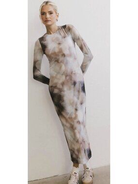 BOHME Jamie Watercolor Bodycon Mesh Maxi Dress XS Neutral Minimalist Abstract
